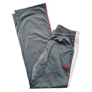 Puma track pants gray with white side stripe, pockets, loose fit, size small